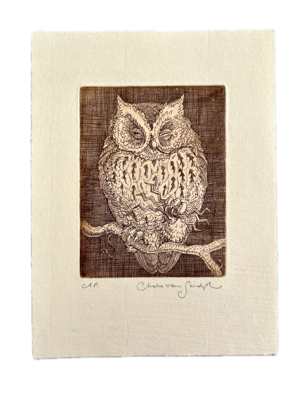 [Power of Wisdom Owl. An original copperplate etching.]