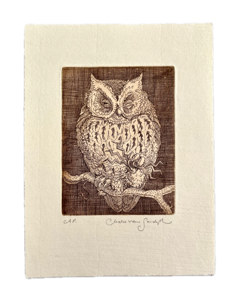 [Power of Wisdom Owl. An original copperplate etching.]